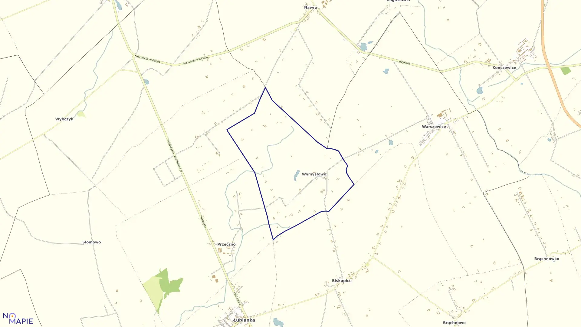 Mapa obrębu Wymysłowo w gminie Łubianka